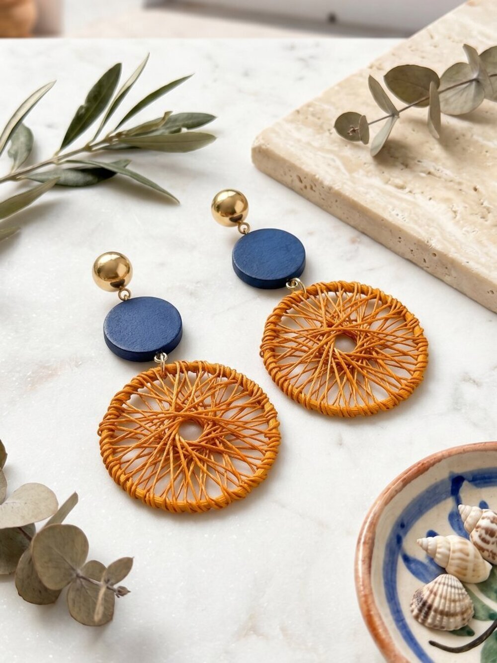 Handwoven Rust Amber Thread Disc Dangle Earrings Navy Wood Boho Chic 2.6"
